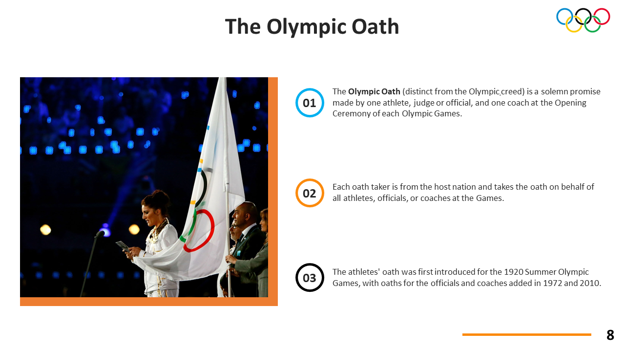 Olympic flag during opening ceremony beside text explaining the purpose and history of the Olympic oath.