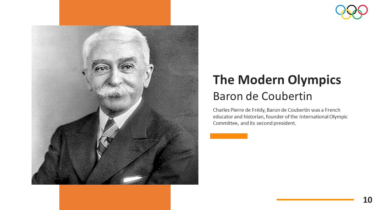 Portrait of Baron de Coubertin on left with right panel describing his legacy in modern Olympic Games history.