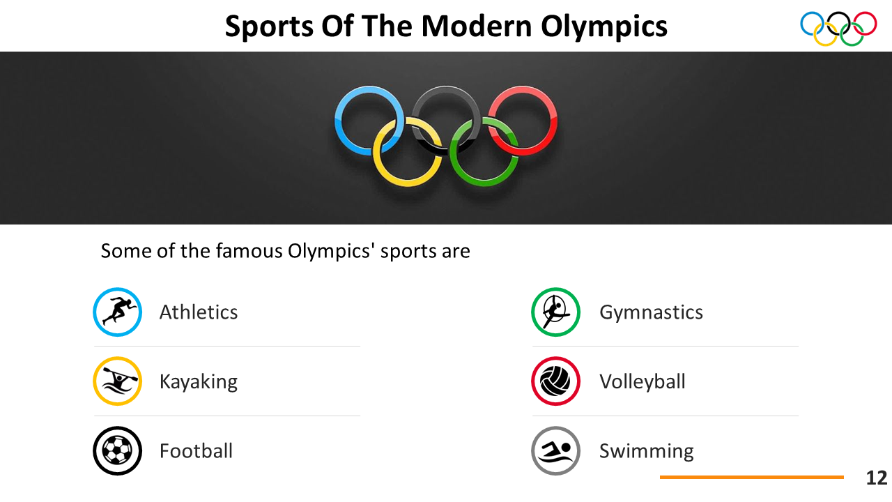 Slide shows Olympic rings above icons and names of popular modern sports like swimming, volleyball, and athletics.