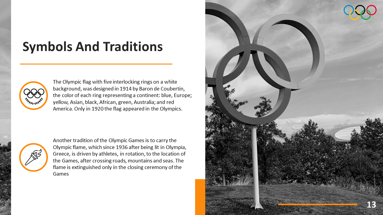 Slide with iconic rings sculpture and descriptions of Olympic flag origins and torch relay from Olympia to host cities.