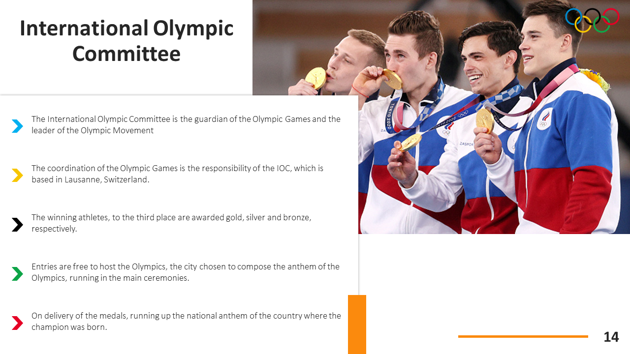 Four Olympic athletes celebrating with gold medals beside text detailing IOC duties, medal ranks, and anthem traditions.