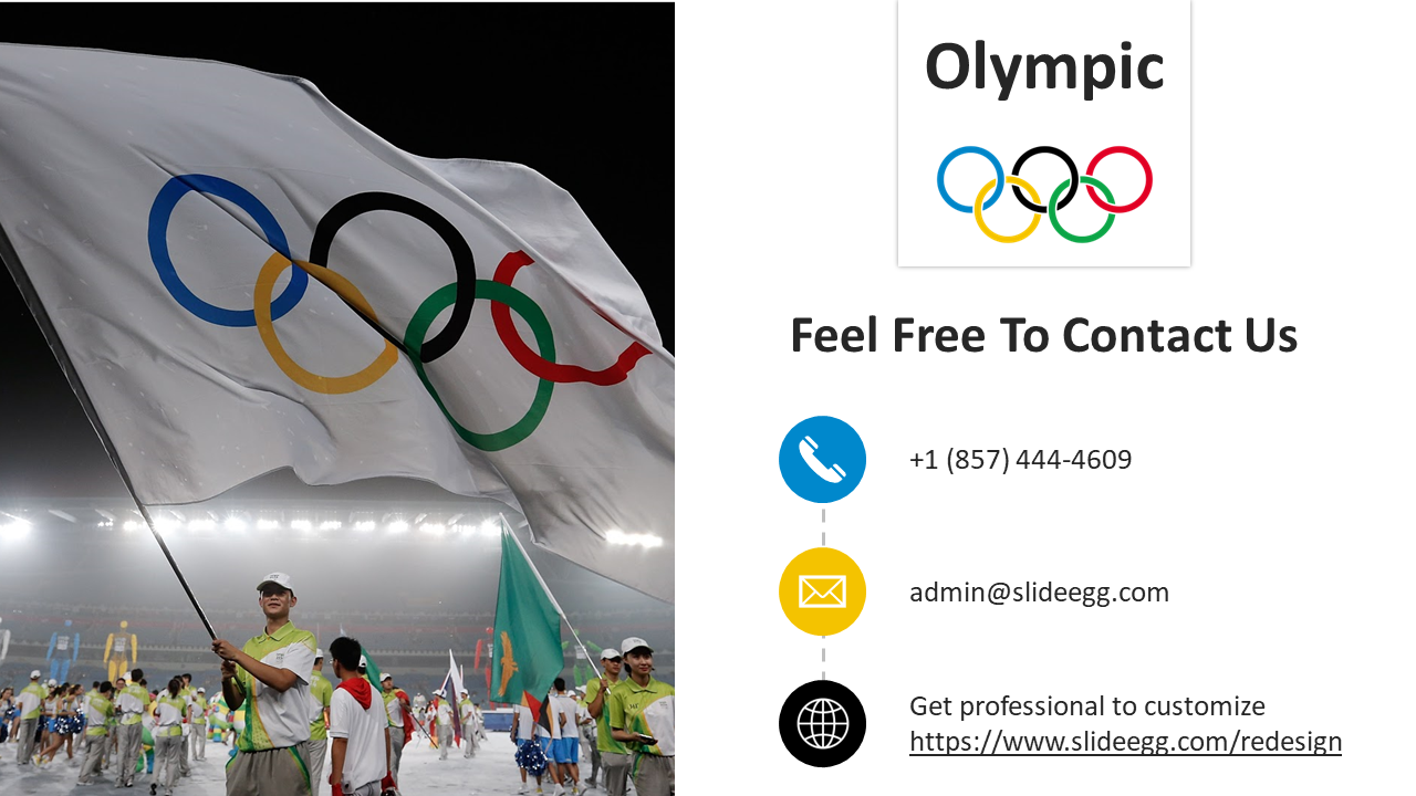 Athlete holding large Olympic flag at stadium beside contact section showing phone number, email, and SlideEgg redesign link.