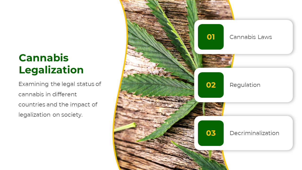 Legalization slide featuring cannabis leaf and numbered green boxes with legalization topics on the right.