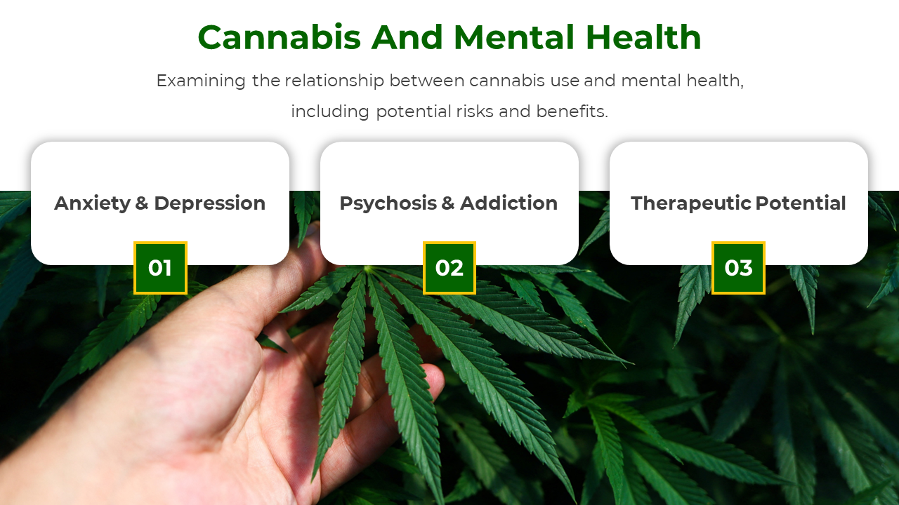 Cannabis leaves in background with white panels showing mental health topics and numbered green boxes below.