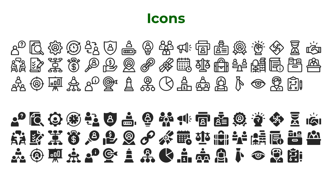 Slide showing outlined and filled icons for business and communication tasks, such as user, target, and graph symbols.