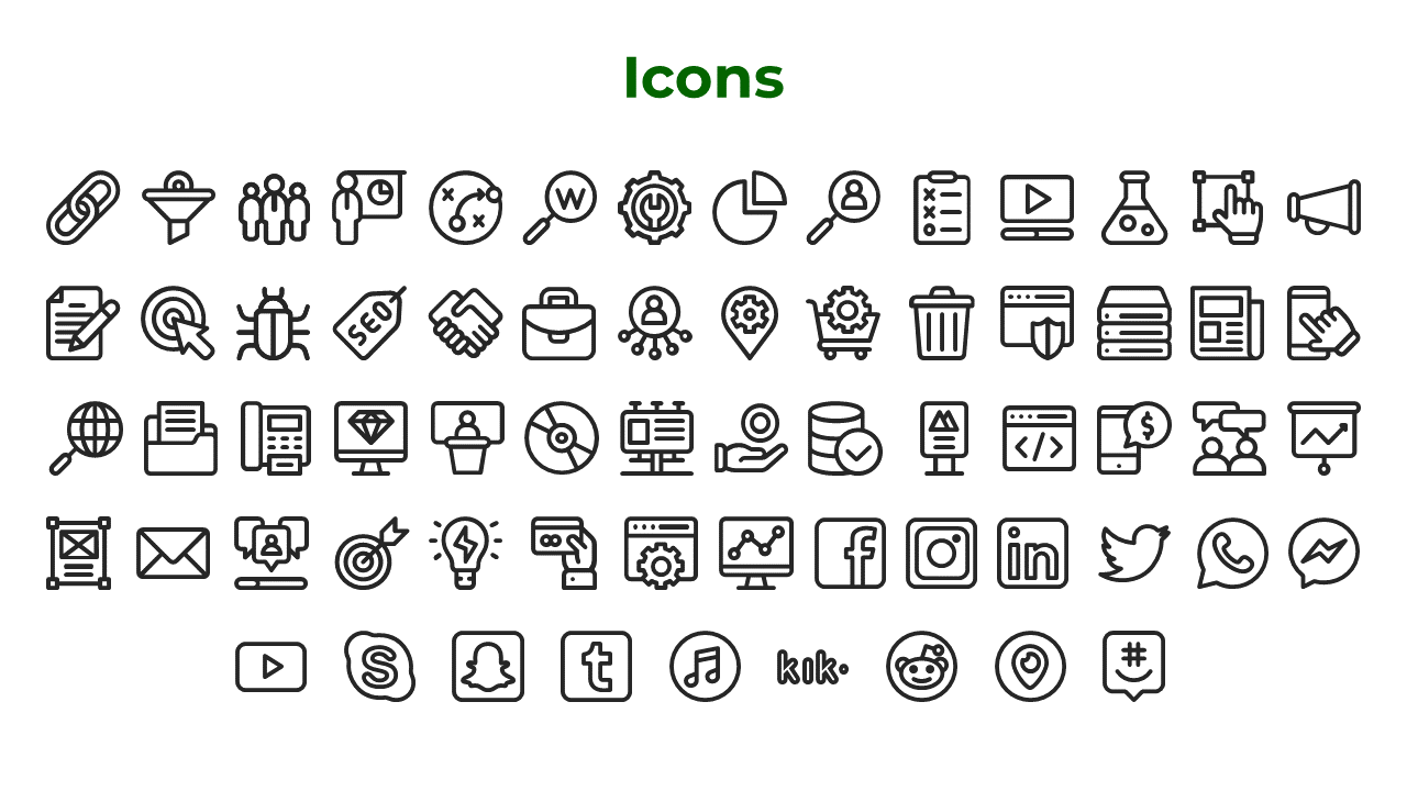 Slide with black icons including web, analytics, shopping cart, lightbulb, and logos for Facebook, Twitter, LinkedIn.