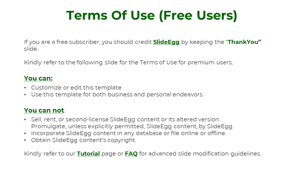 Terms slide for free users showing allowed and restricted uses of SlideEgg templates, featuring underlined green text.