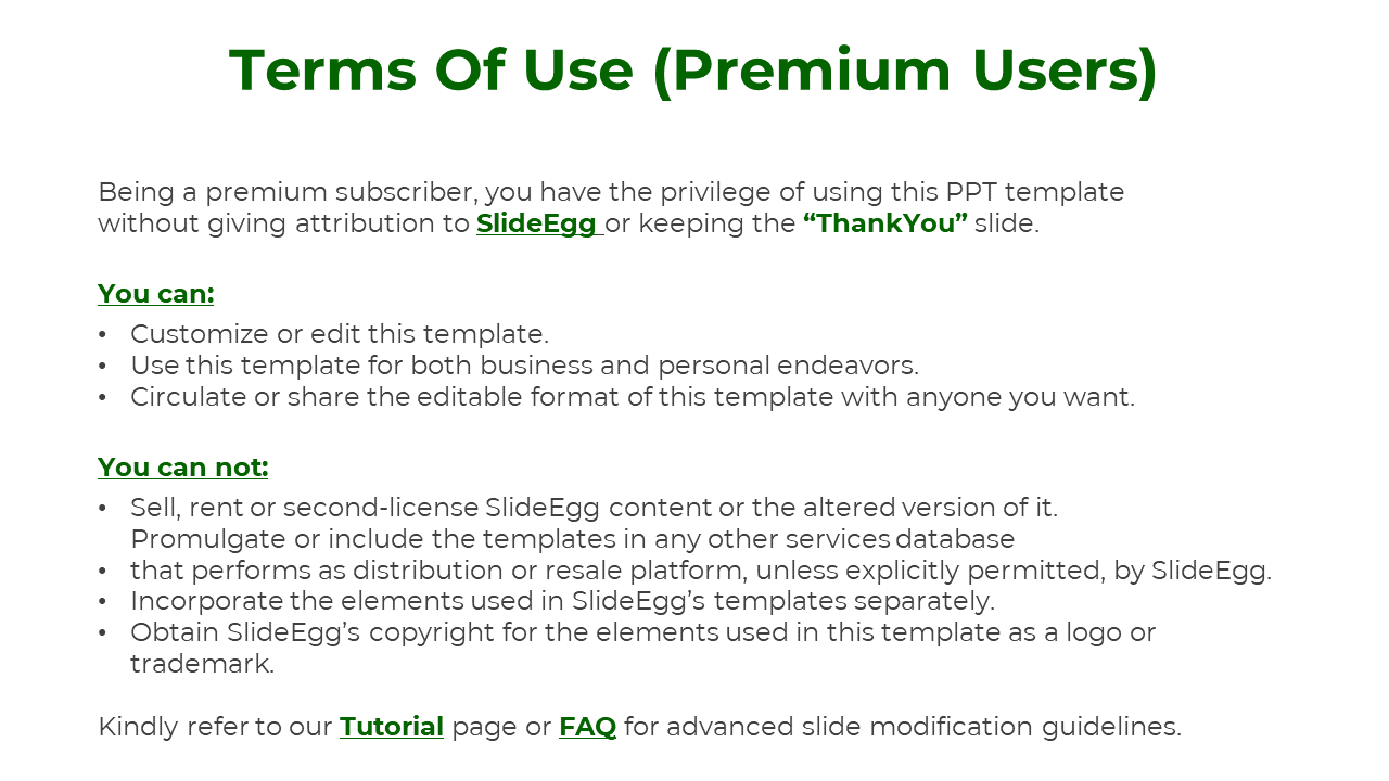 Guidelines slide for premium subscribers showing allowed editing and sharing actions, and restrictions and copyright use.