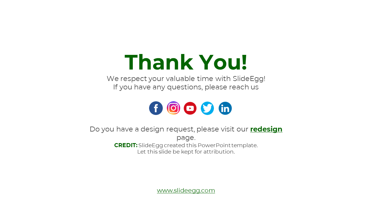 Slide with a Thank You note, design request link, and social media links at the bottom with SlideEgg credit.