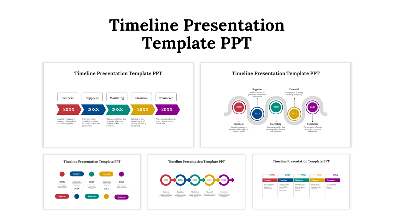 Colorful timeline PPT slides each with a brief description and icons in a different layout design on a white backdrop.