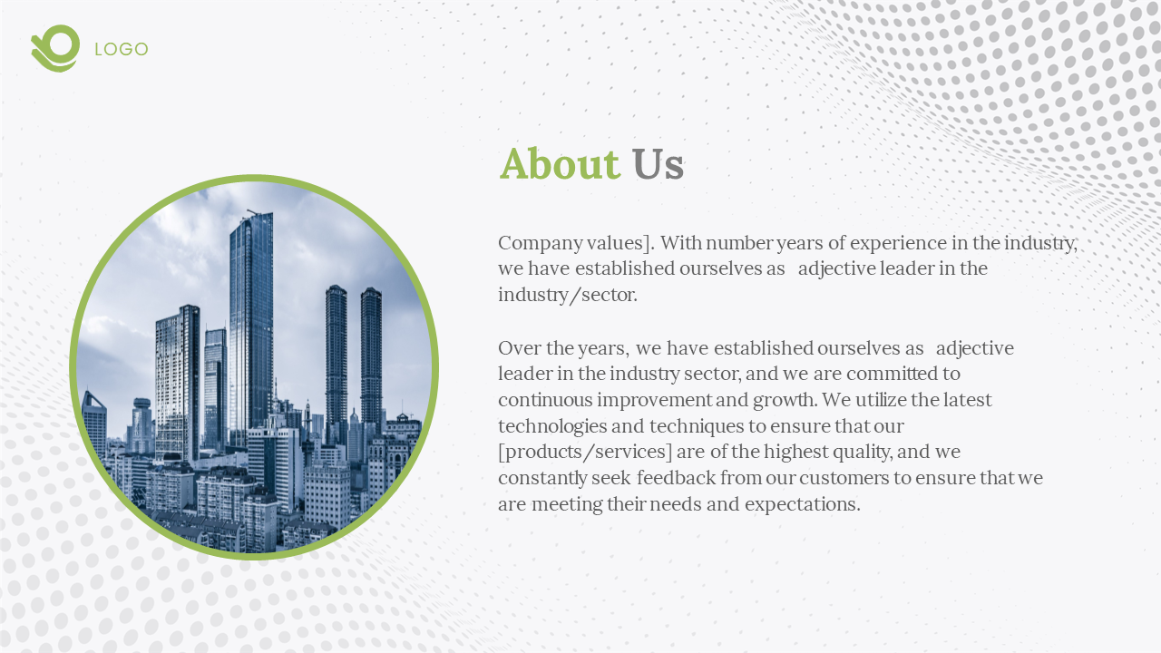 About Us slide with a logo, text describing the company's industry with an image of city skyscrapers on a white theme.