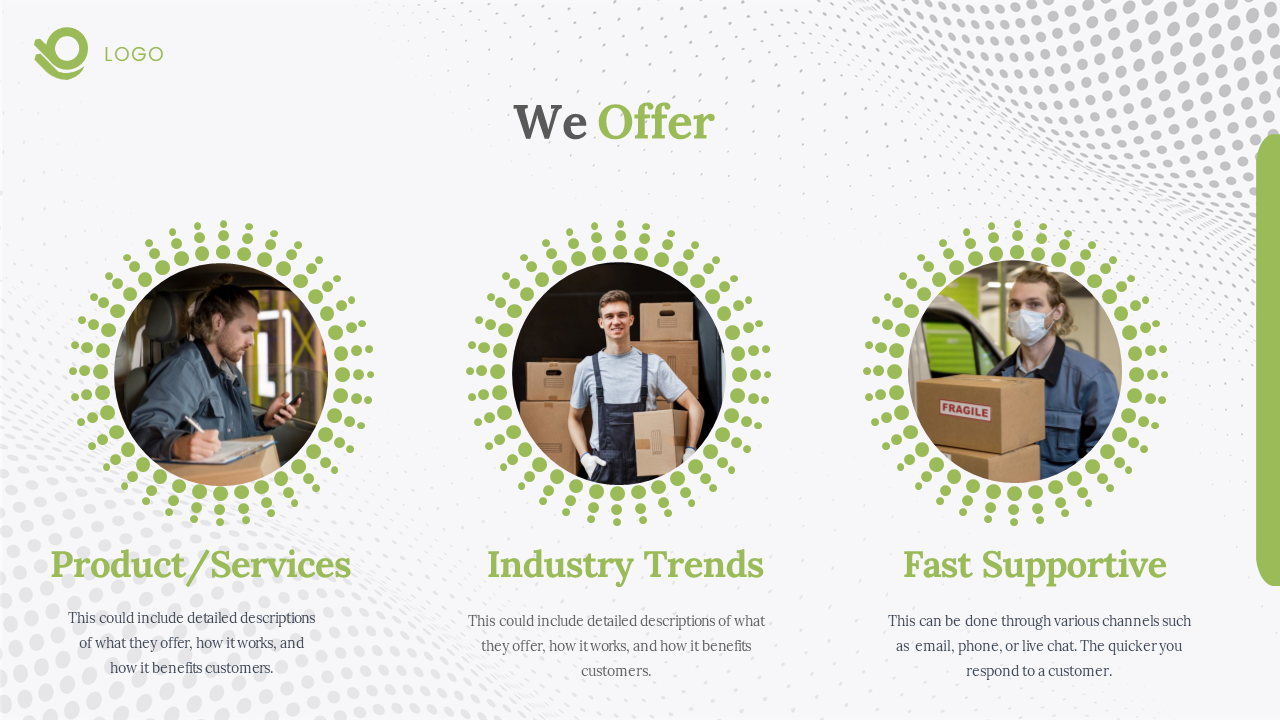 We Offer slide section with three green circles each with relevant images and descriptions on a white backdrop.