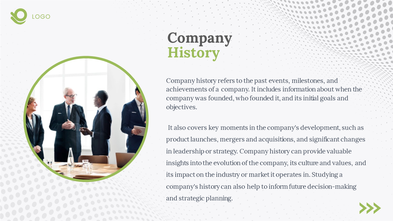 Company history slide with a discussion of past events with an image of professionals discussing on a white backdrop.