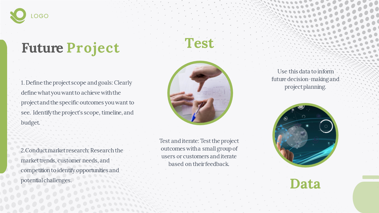 Future Project PPT slide detailing the steps to define project goals, scope, timeline, and budget on a white backdrop.