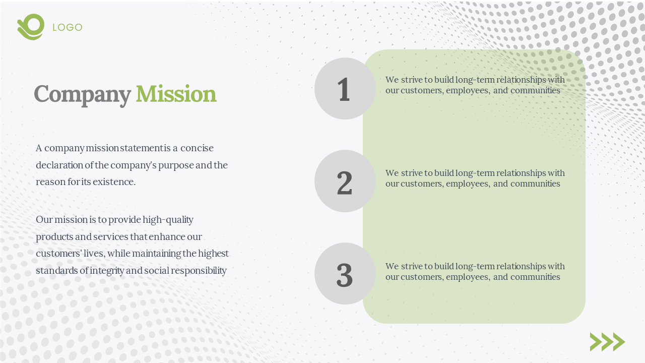 Company Mission PPT slide explaining the purpose in the green box on a white backdrop with a dotted design and logo.