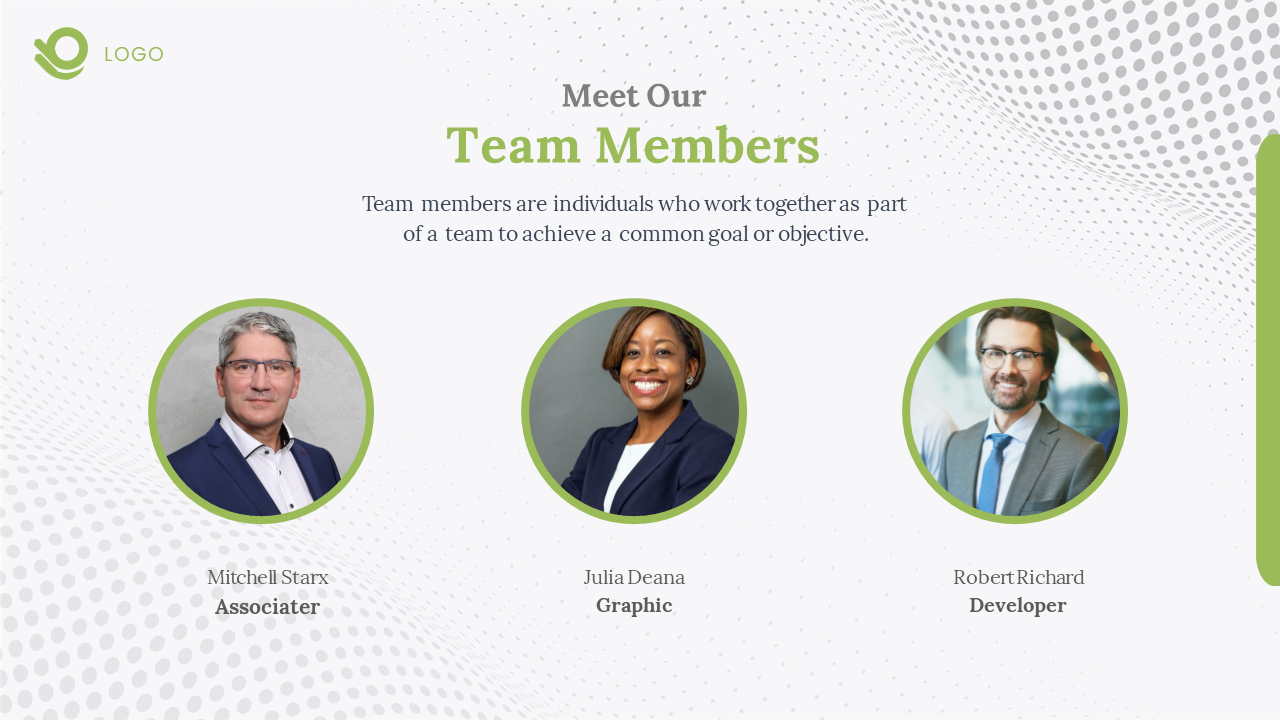 Meet Our Team Members slide with circular photos and roles of team members on a white backdrop with a dotted design.