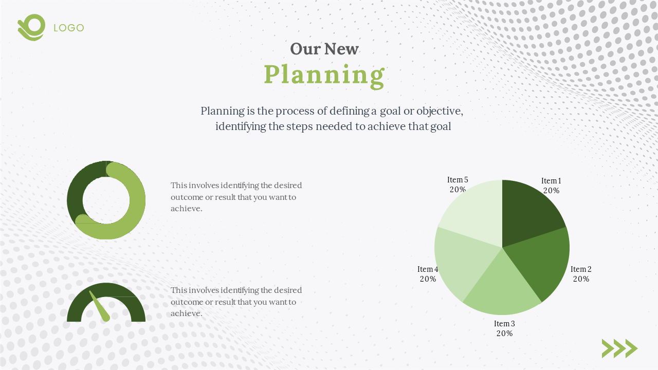 Green pie chart representing the breakdown of five items, each accounting for 20 percent of the total on a white backdrop.