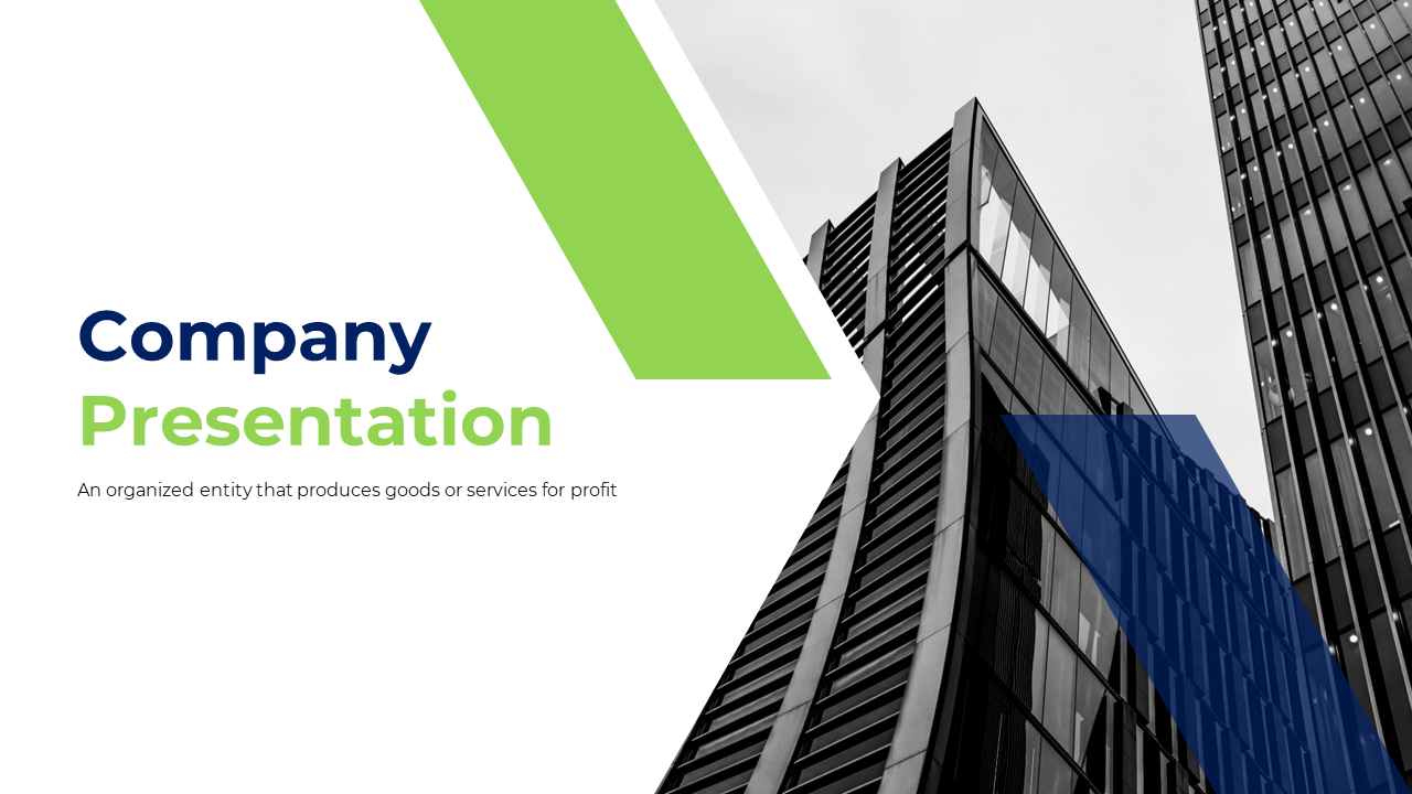 Company slide deck featuring green and blue modern design elements with corporate imagery on a clear sky.