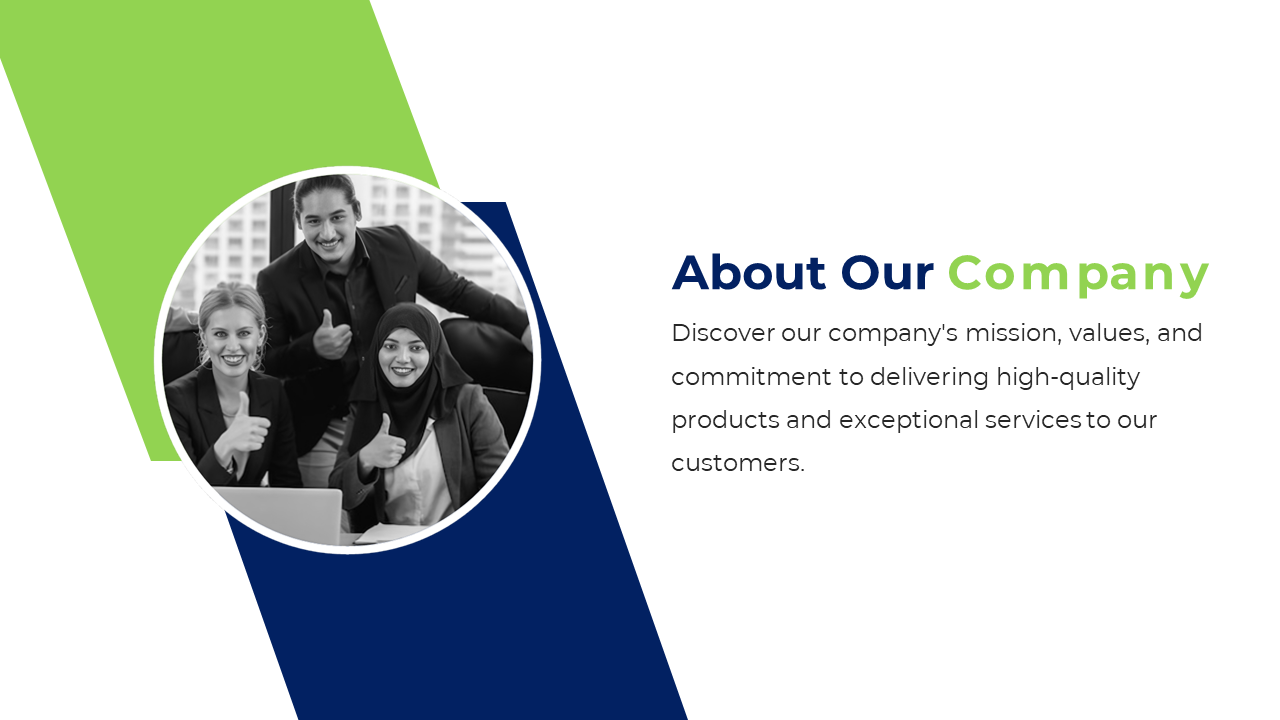 Company introduction slide with a team of employees and a description of company values and mission on a white backdrop.