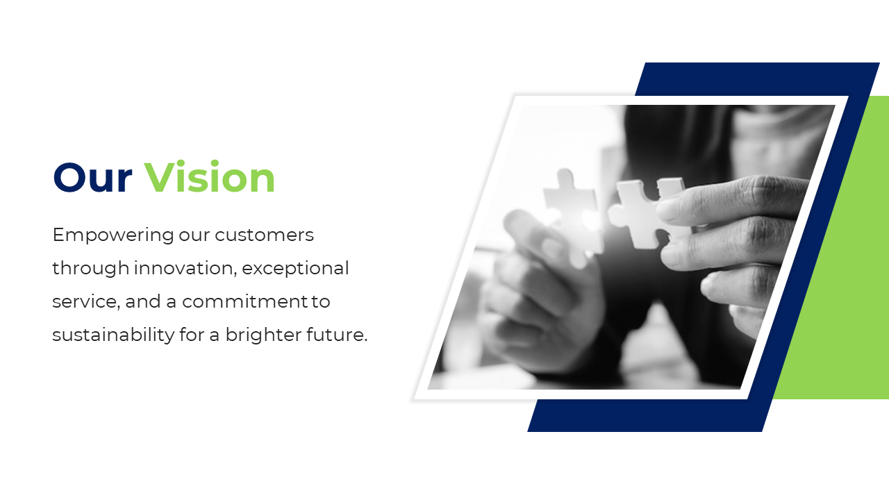 Company vision slide featuring puzzle pieces being connected, with a statement about innovation and service on a white theme.