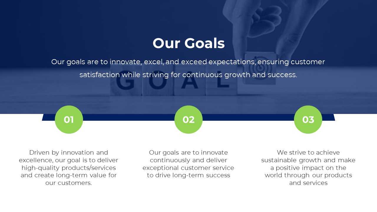 Our goals slide features three key goals with an image of hand arranging GOAL blocks on a split backdrop with descriptions.