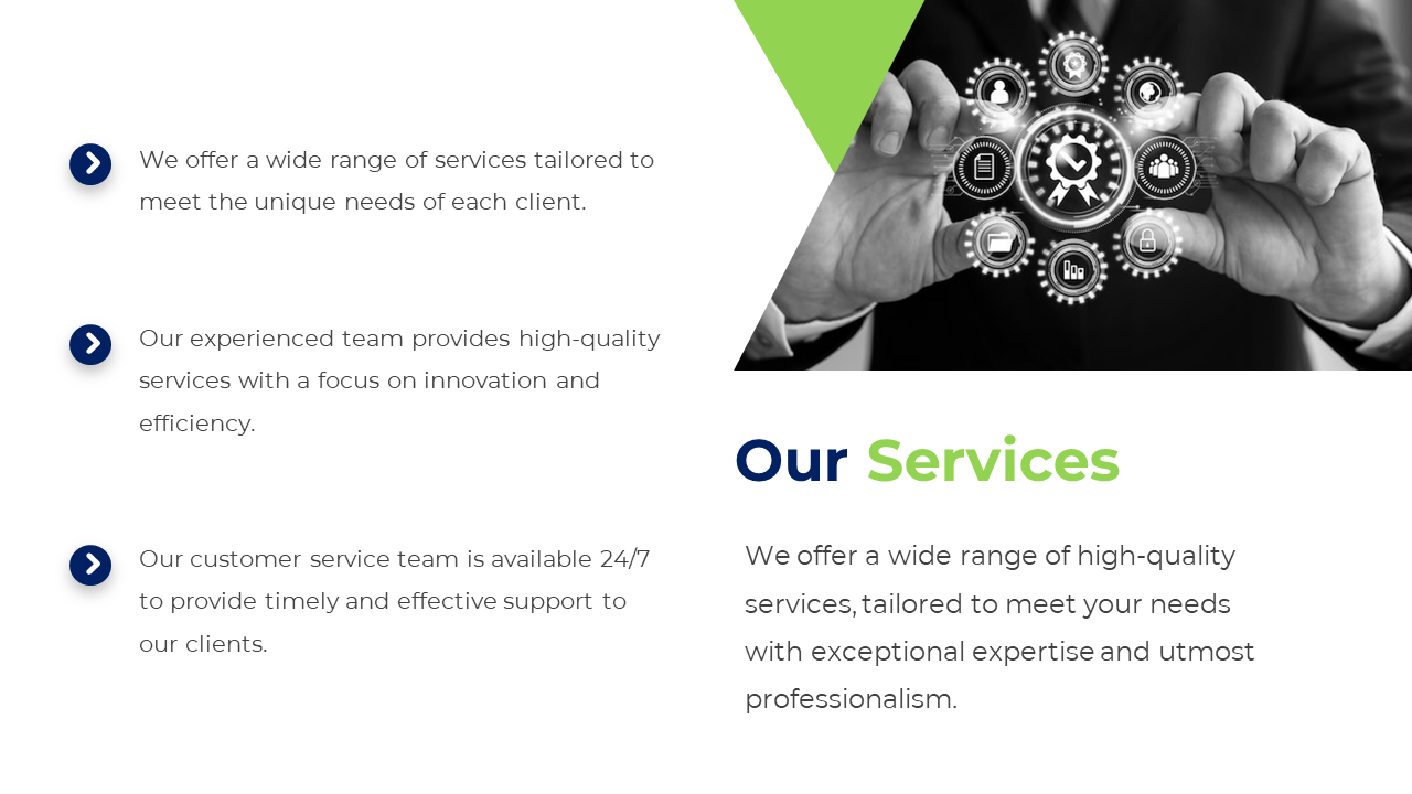 Our services slide features an image of hands holding gears and icons, with a description of high quality, tailored services.