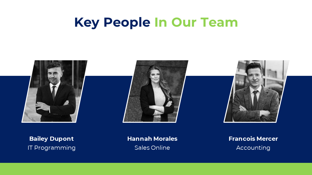 Key team members slide with images of Bailey Dupont, Hannah Morales, and Francois Mercer, with their roles on a split theme.
