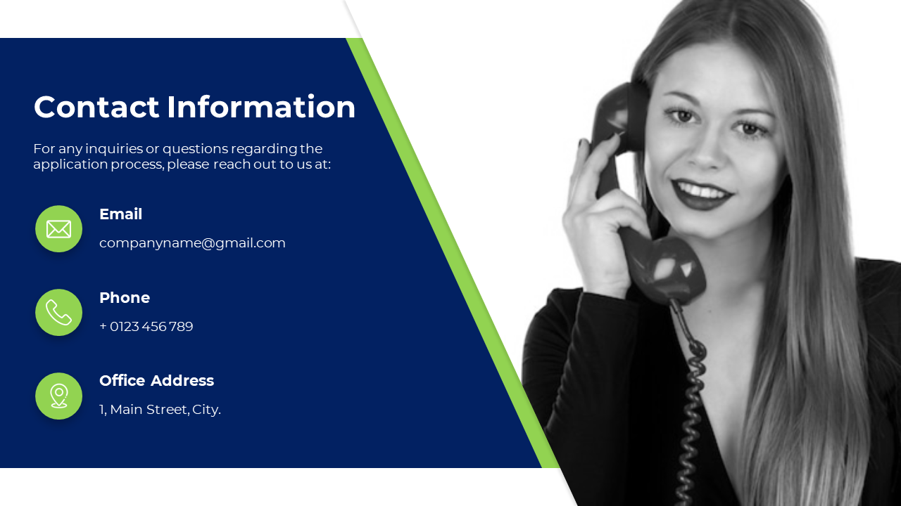 Contact information slide features a woman holding a phone, with email, phone, and office address details on split backdrop.