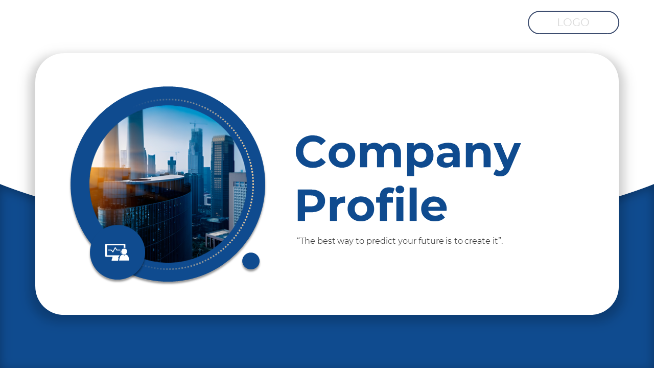 Company profile slide deck with modern blue and white theme, showcasing various layouts and visual elements.