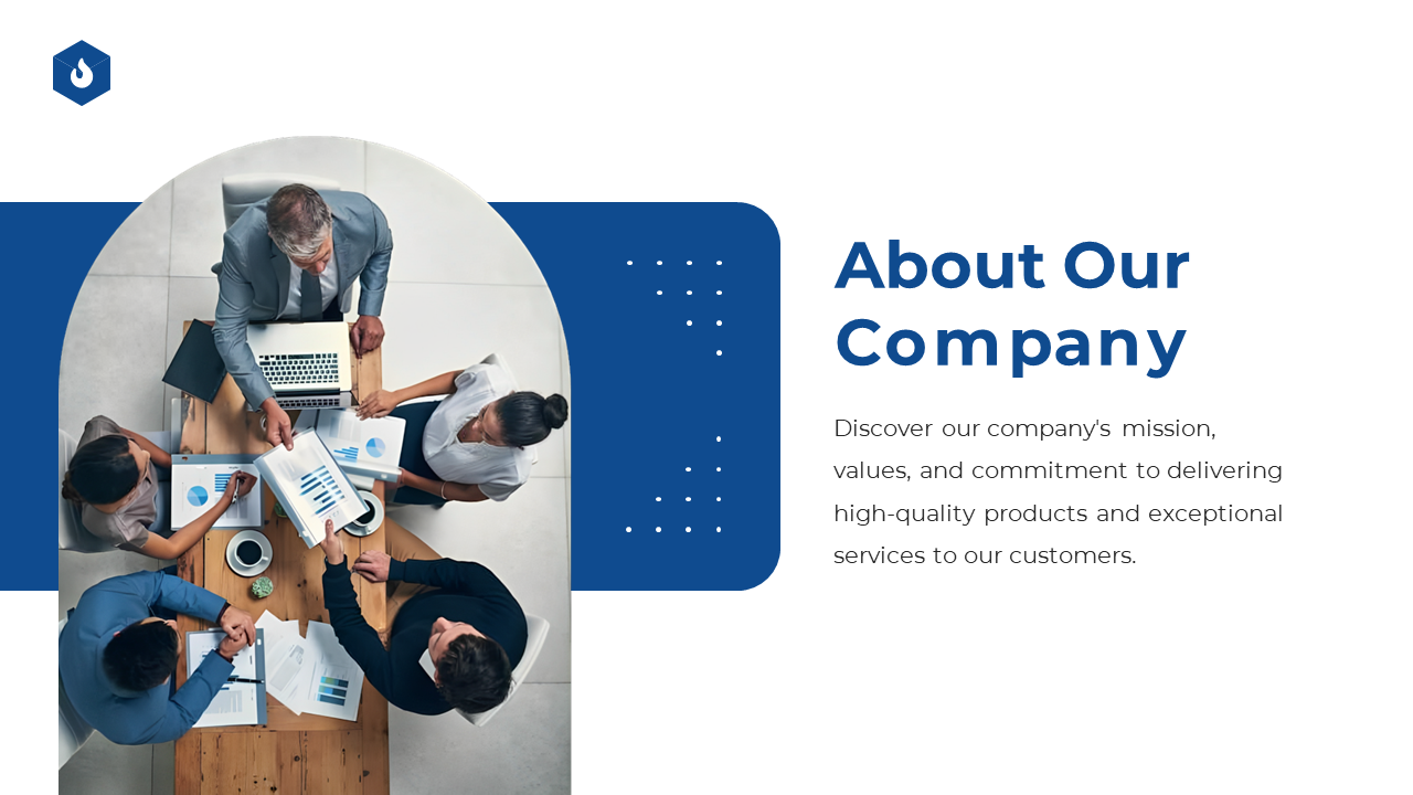 About our company slide featuring an overhead view of a team collaborating on business charts on a white and blue theme.