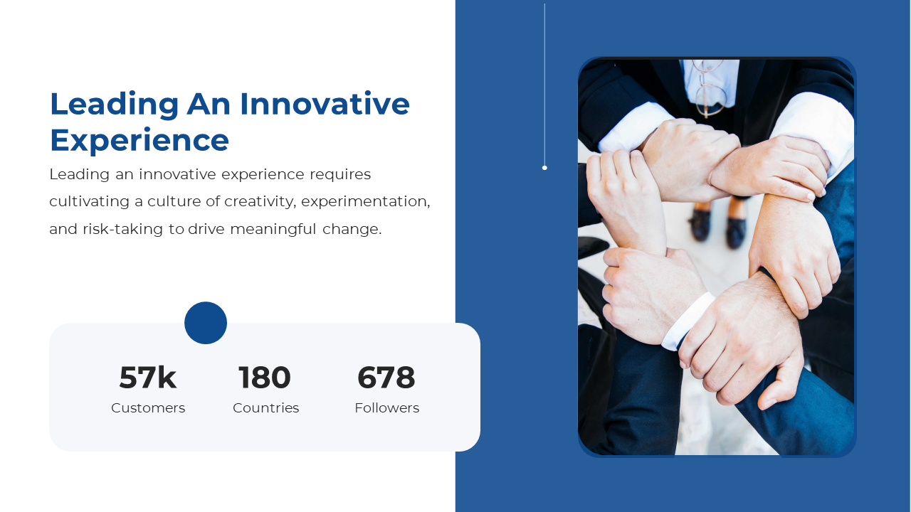 Innovative experience slide featuring a group of hands in unity on a split backdrop with a blue and white theme.