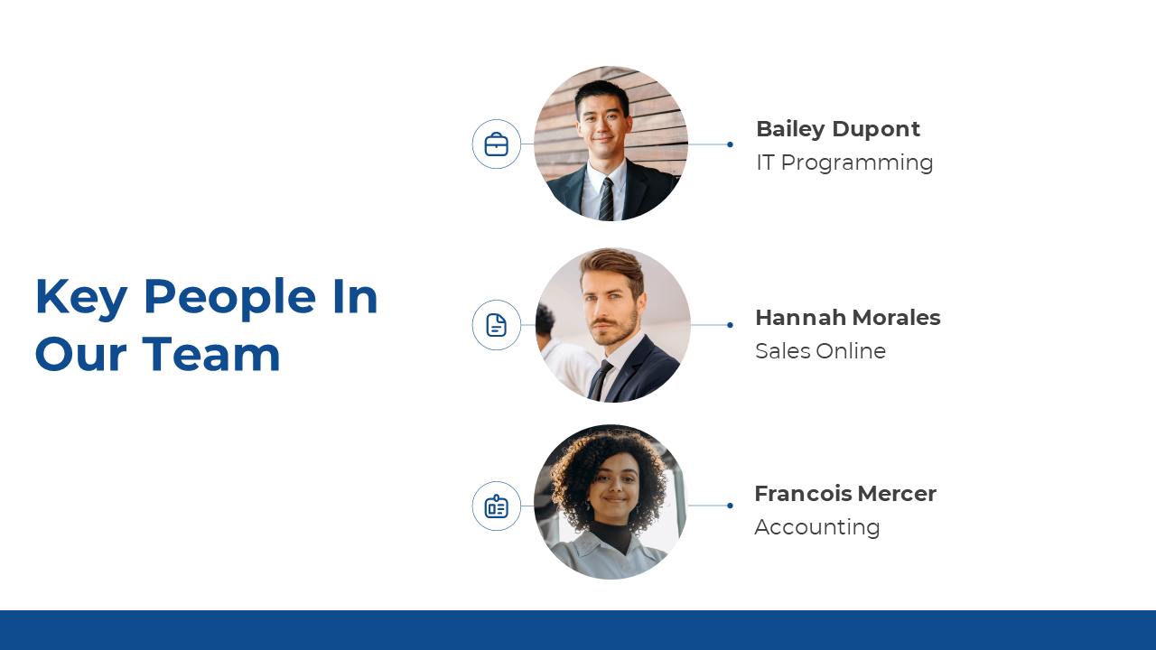 Key team members slide showing Bailey Dupont, Hannah Morales, and Francois Mercer with portraits on a white backdrop.