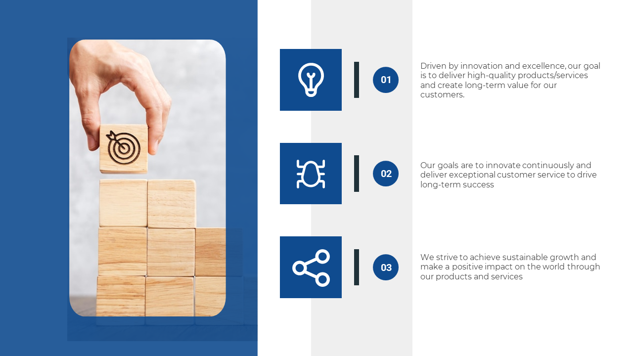 Slide highlights company goals with an image of a hand placing a block with a target symbol on top of stacked wooden blocks.