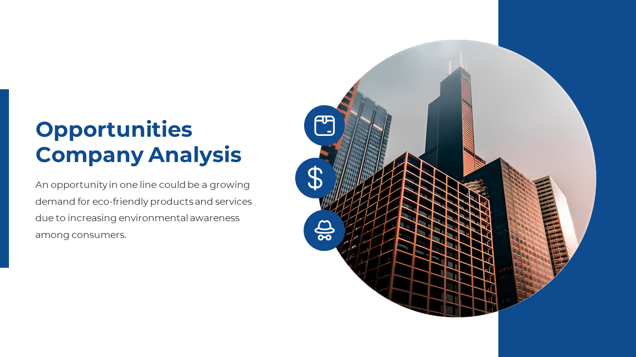 Opportunities and company analysis slide featuring a city skyline with icons on a split backdrop in a white and blue theme.