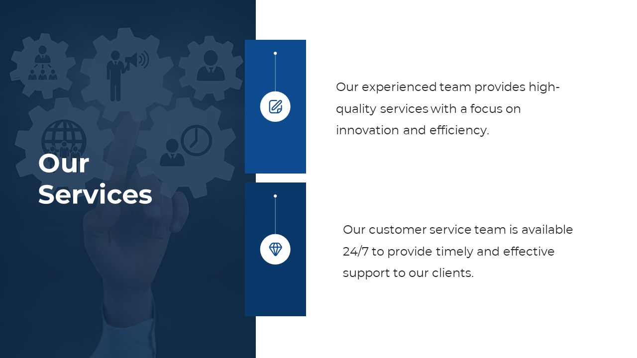 Company services slide with icons for global reach, efficiency, and customer service, with a hand interacting with gears.