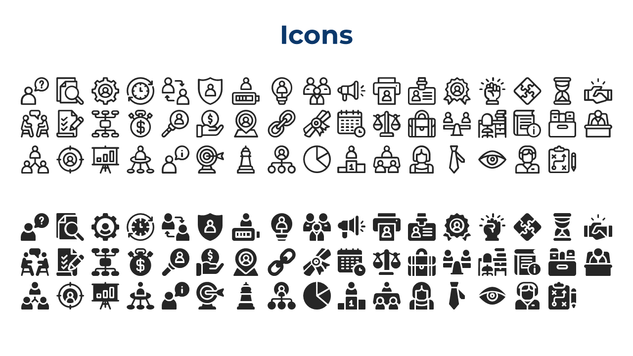 Set of various business related icons, including people, gears, money, charts, and more, grouped for use in presentations.