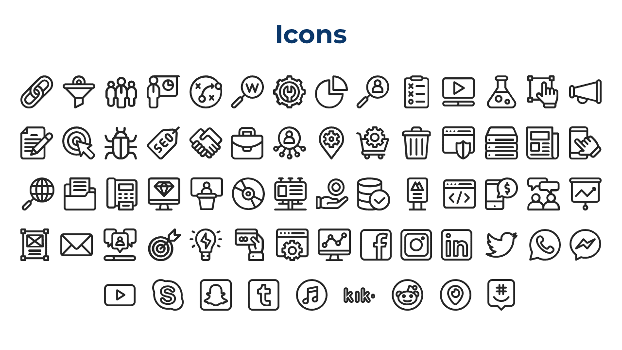 A wide variety of digital and business icons, including social media logos, documents, charts, and communication symbols.