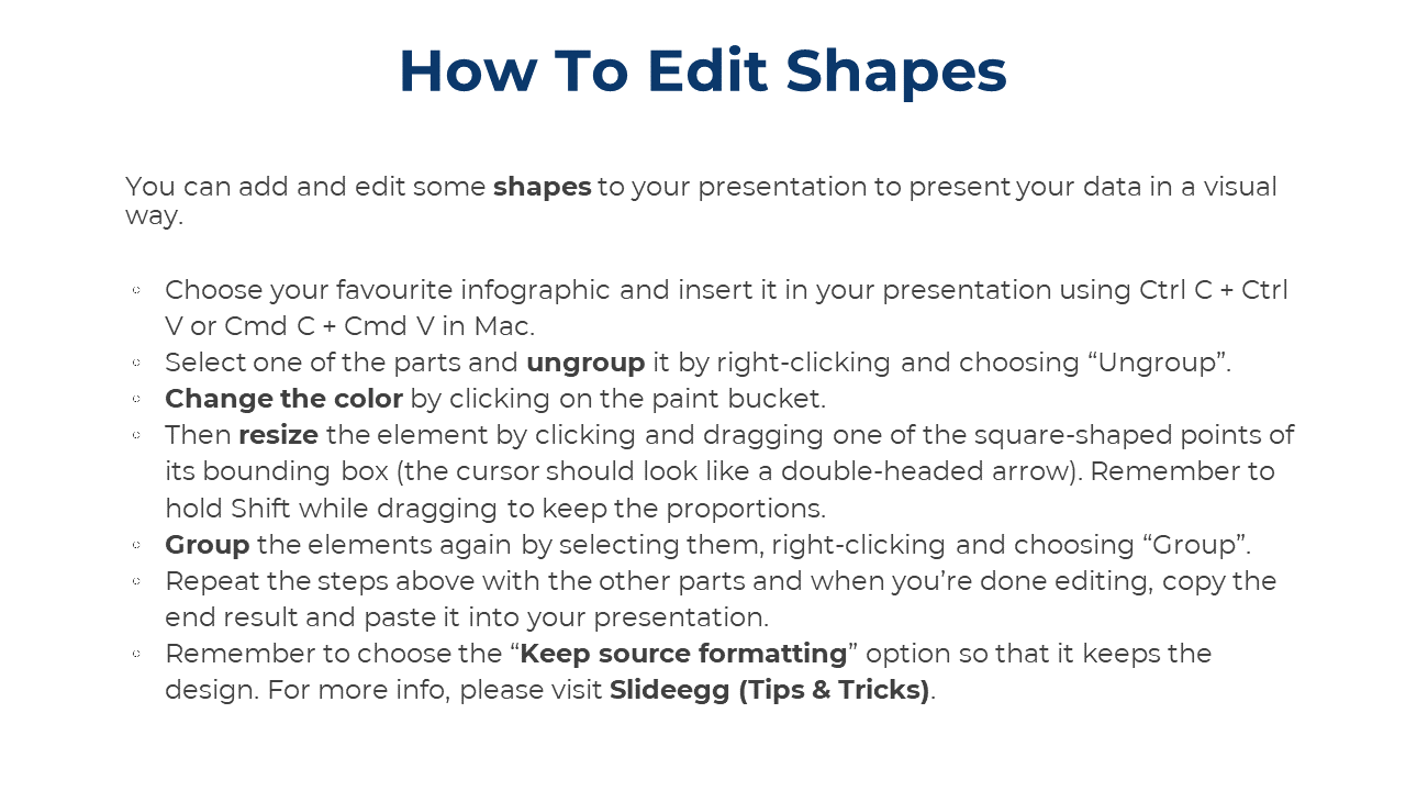 Instructions for editing shapes in a PPT presentation, including steps like ungrouping, resizing, and grouping elements.