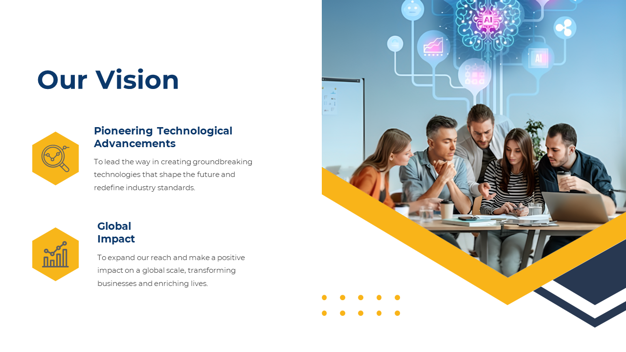 A group of professionals working together around a table, with a futuristic AI visual background with icons on a white theme.