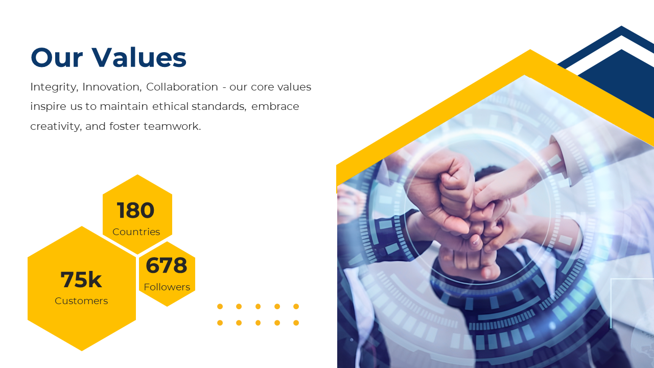 A group of professionals joined hands in unity, representing core values with a yellow hexagon shape on a white theme.