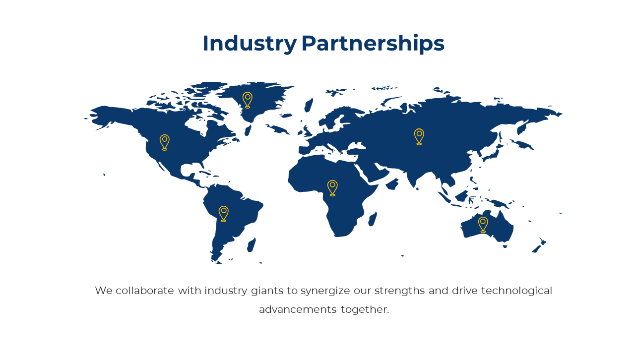 World map illustrating industry partnership with key locations marked to show global collaboration on a white and blue theme.