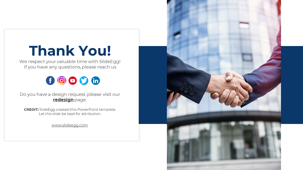 Thank you slide with contact details and social media icons, featuring a handshake in front of a modern office building.