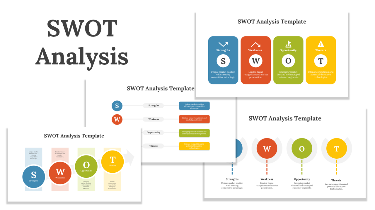 SWOT analysis PPT slides showing visual elements with color coded sections and different layout designs on a white theme.