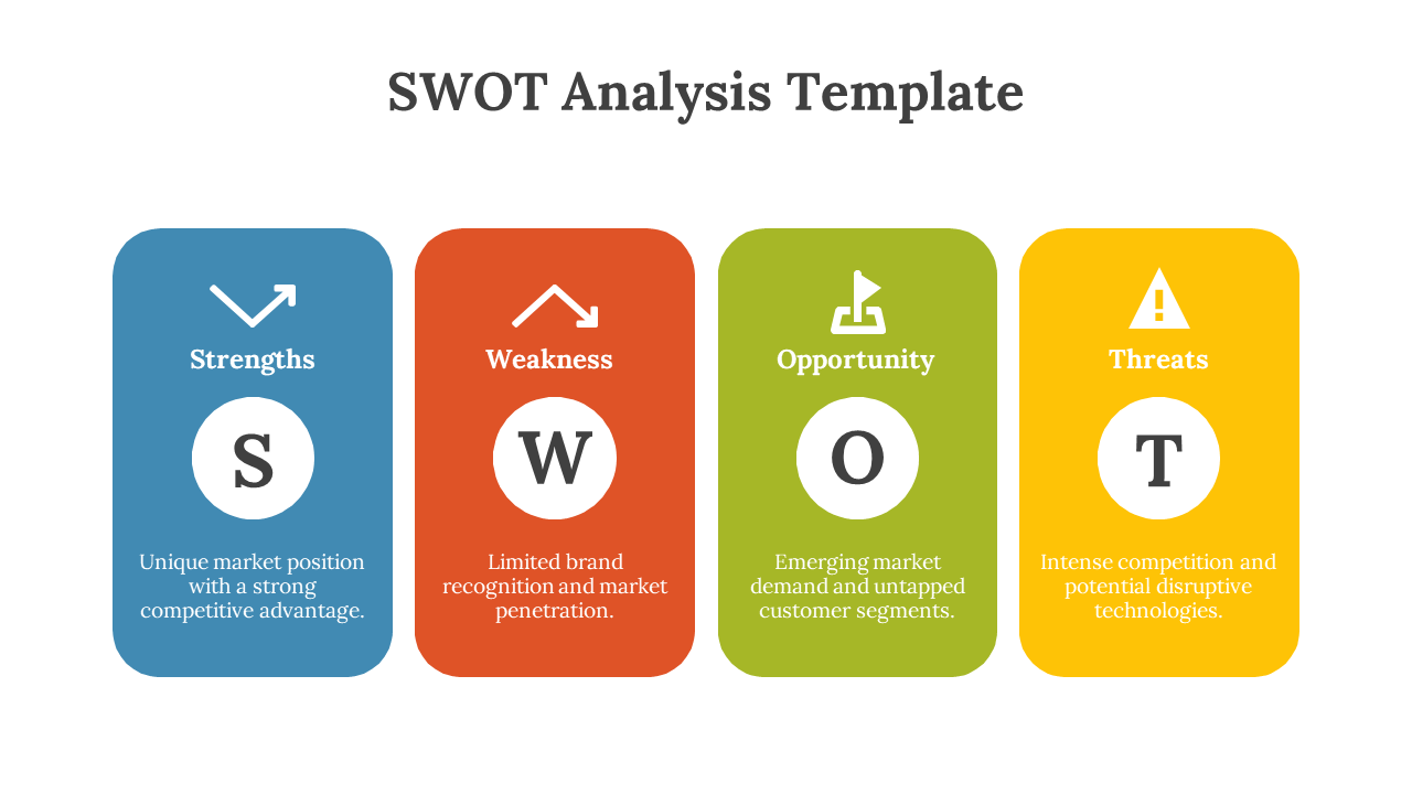 Colorful SWOT analysis template with strengths, weaknesses, opportunities, and threats categories with icons.