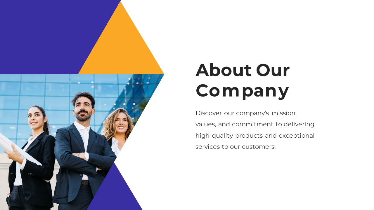 About Our Company slide with a modern office building background, featuring a team of professionals with a description.