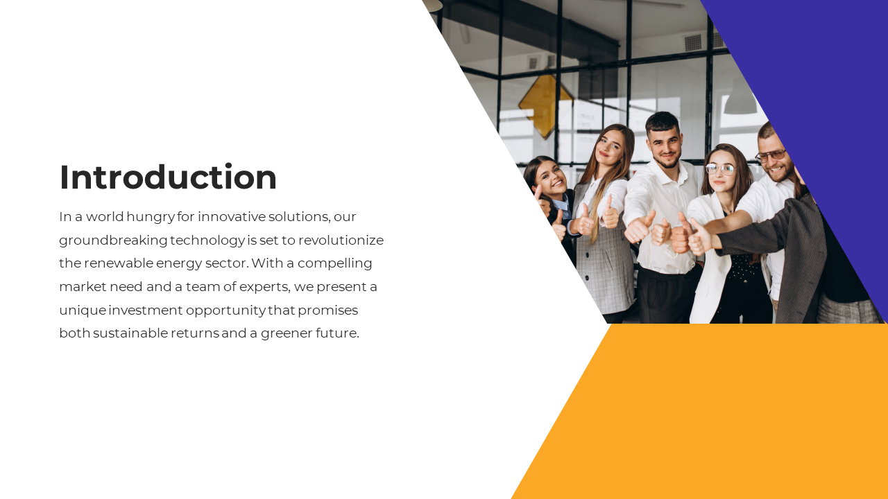 Introduction slide with a team of professionals giving thumbs up on a white, yellow, and blue backdrop with description.