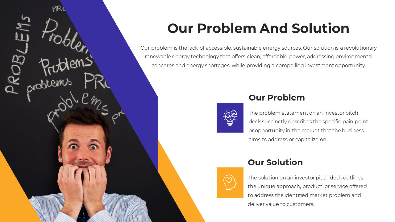 Our problem and solution slide features a businessman with a worried expression in front of a chalkboard with icons.