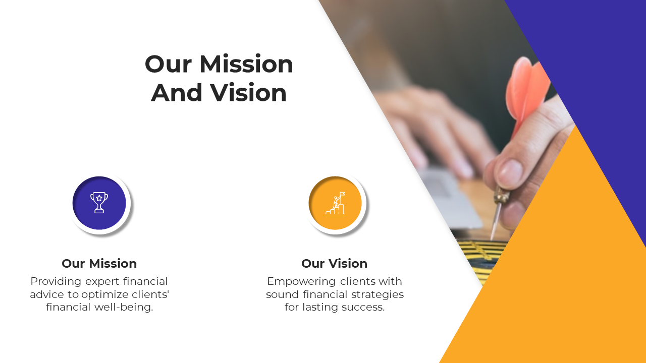 A hand aiming at a dartboard alongside discussing the company's mission and vision on a white, yellow, and purple backdrop.
