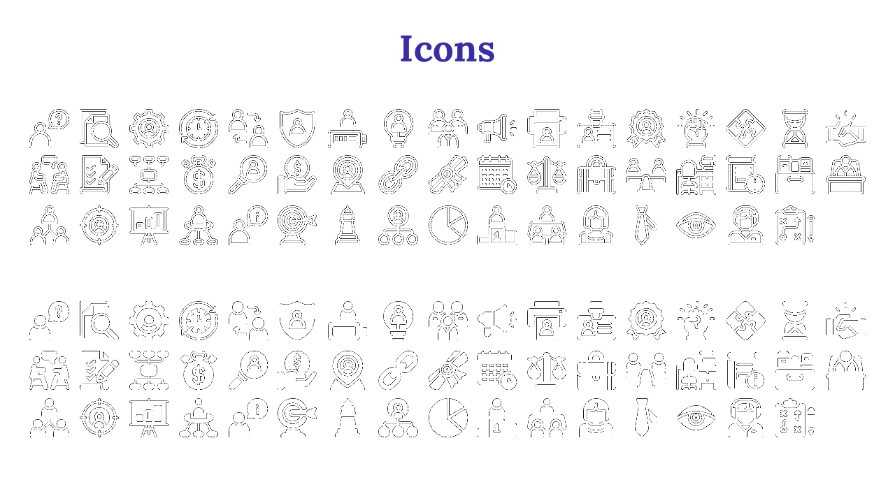 A set of black icons representing various business and professional concepts, team collaboration, and decision making.