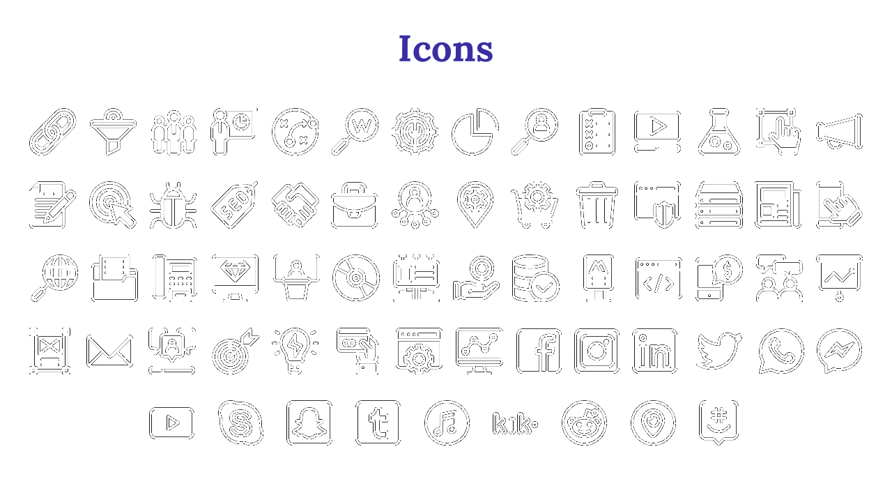 A collection of black and white icons representing various digital tools, including social media, and analytics platforms.